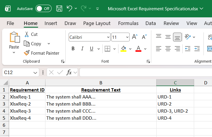 MS Excel Requirement Spec